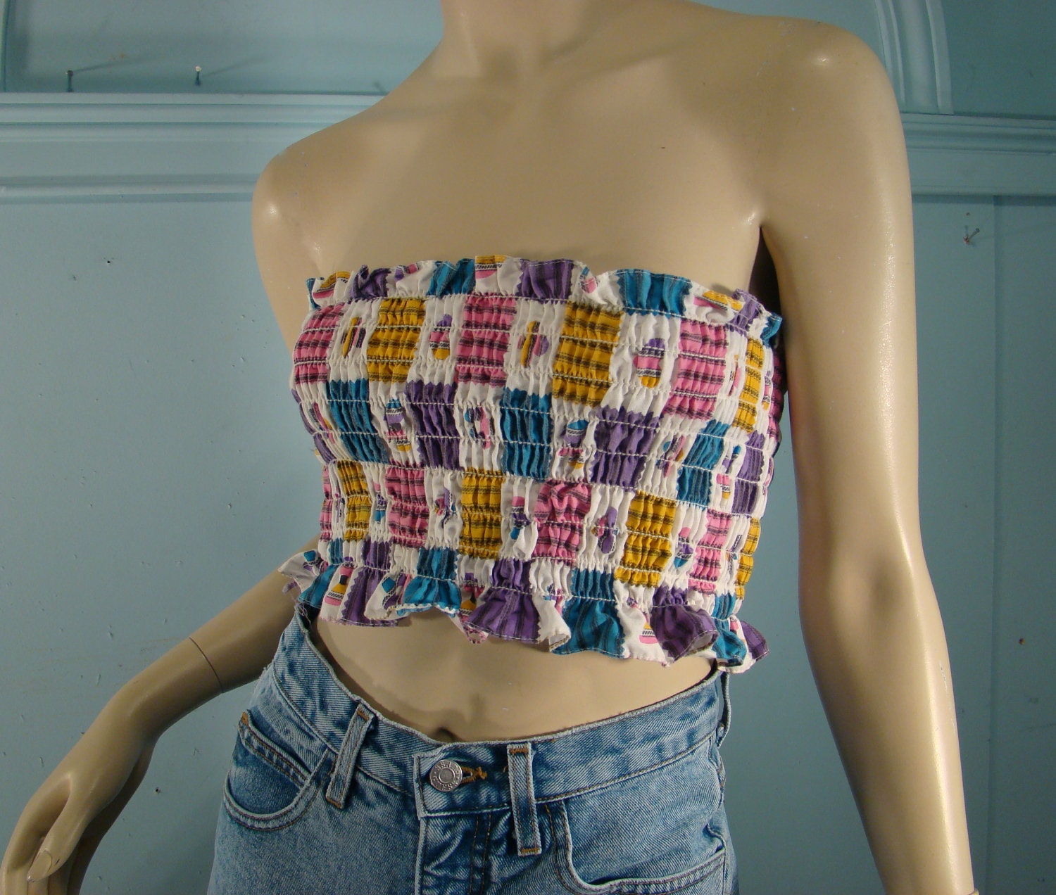 Butterfly Tube Top Smocked Crop Top 1970's in Purple