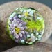 PURPLE DAISY - SRA Handmade Lampwork Glass Bead Lentil Focal - lavender lilac peridot green fine silver foil - raised glass flowers