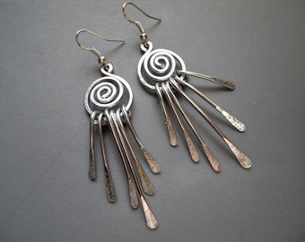 Hammered Burnished Gold or Silver Tone Anodized Aluminum Swirl Tassel Wind Chime Earrings Long Bold Tribal Modernist