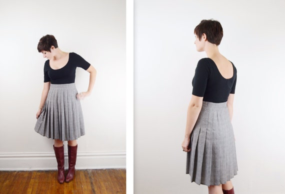 Grey Wool Herringbone Pleated Skirt M