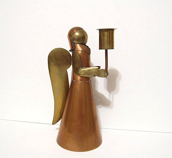 Vintage Mexico Copper & Brass Angel Candle Holder Signed Peggy