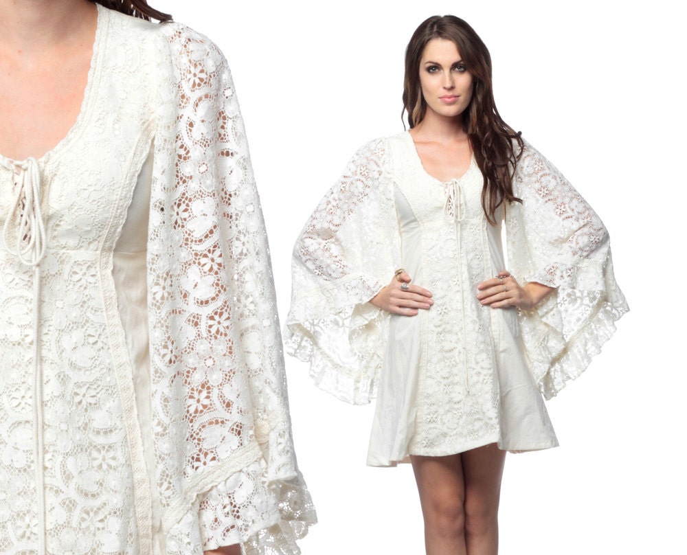 Lace Gunne Sax Dress  70s White Crochet ANGEL  SLEEVE  Hippie