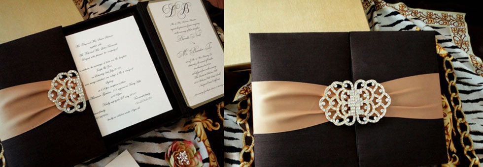 Beautiful Brown Champagne Satin Gatefold Wedding Invitation Zoom