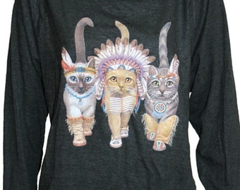 Three Native Kitty Cats Pullover Slouchy t shirt "Sweatshirt" Top American Made Black S, M, or L