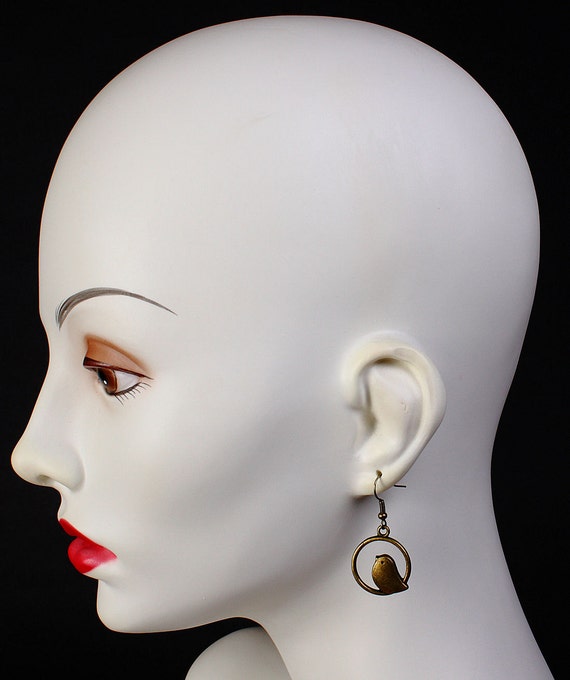 Antique brass bird drop dangle earrings 549 Flat rate
