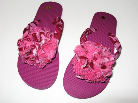 Decorated Flower Flip Flops Hot Pink