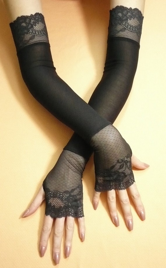 Long Black Evening Fingerless Gloves With Lace Retro