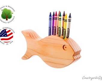 Crayon Holder - Wooden Fish Holder - Handcrafted Natural and Organic Wood Crayon Holder - Wooden Crayon Fish Holder for 8 Crayons