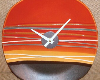 Clock - Wall Clock - Burnt Orange Gold and Brown Stoneware Plate Wall Clock (11 inches) No. 983