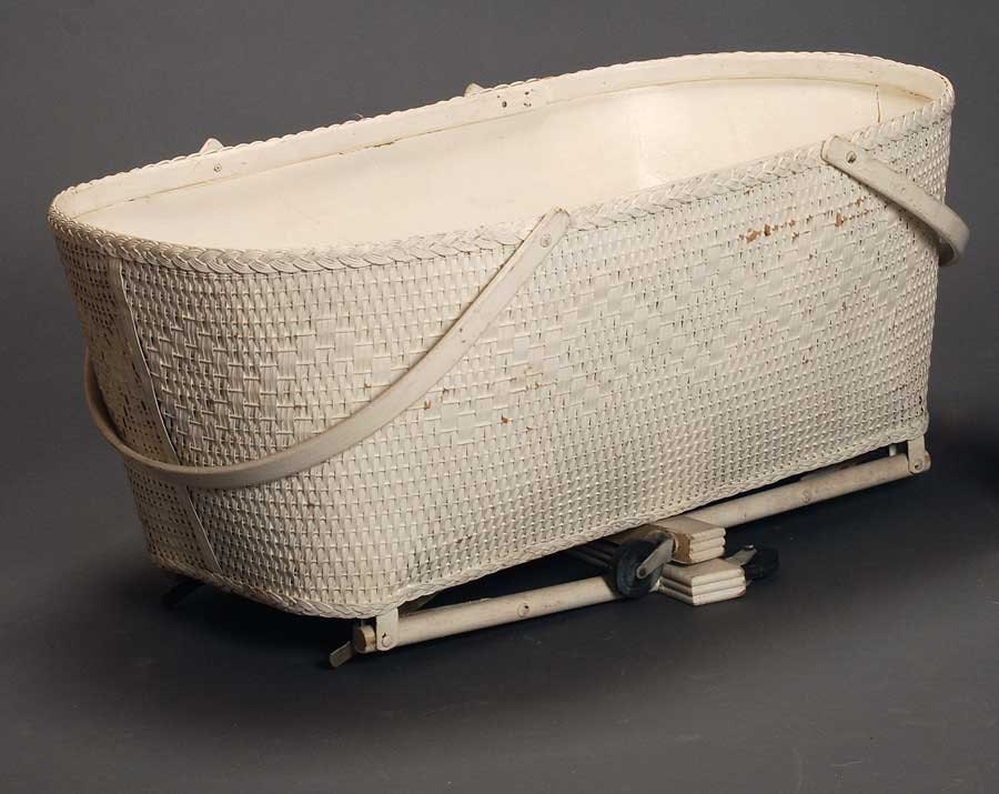 SALE Vintage White Wicker Baby Basket on Wheels