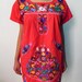 Mexican Red Mini Dress Vtg Tunic Colorful Floral Embroidered Handmade Elegant Medium / Large