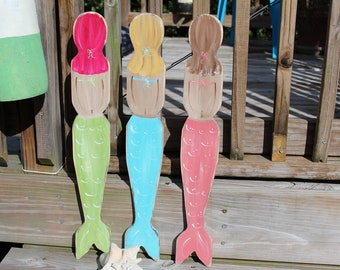 Mermaid Wall Art Set of 3 Rear Facing LARGE Beach Coastal Cottage Nursery Decor
