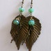 Earthy Antique Brass and Czech Turquoise Opalite Leaf Dangle Earrings