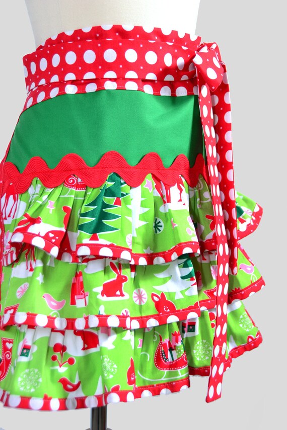 Christmas Apron . Cute Retro Womens Half Apron With Ruffles is