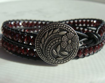 Garnet Glass Beaded Leather Wrap Bracelet