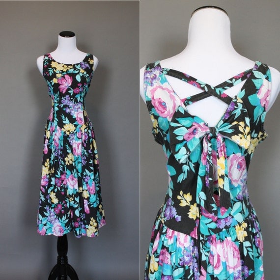 Vintage Summer Dress 80s 1980s Floral Cotton Sun Dress with