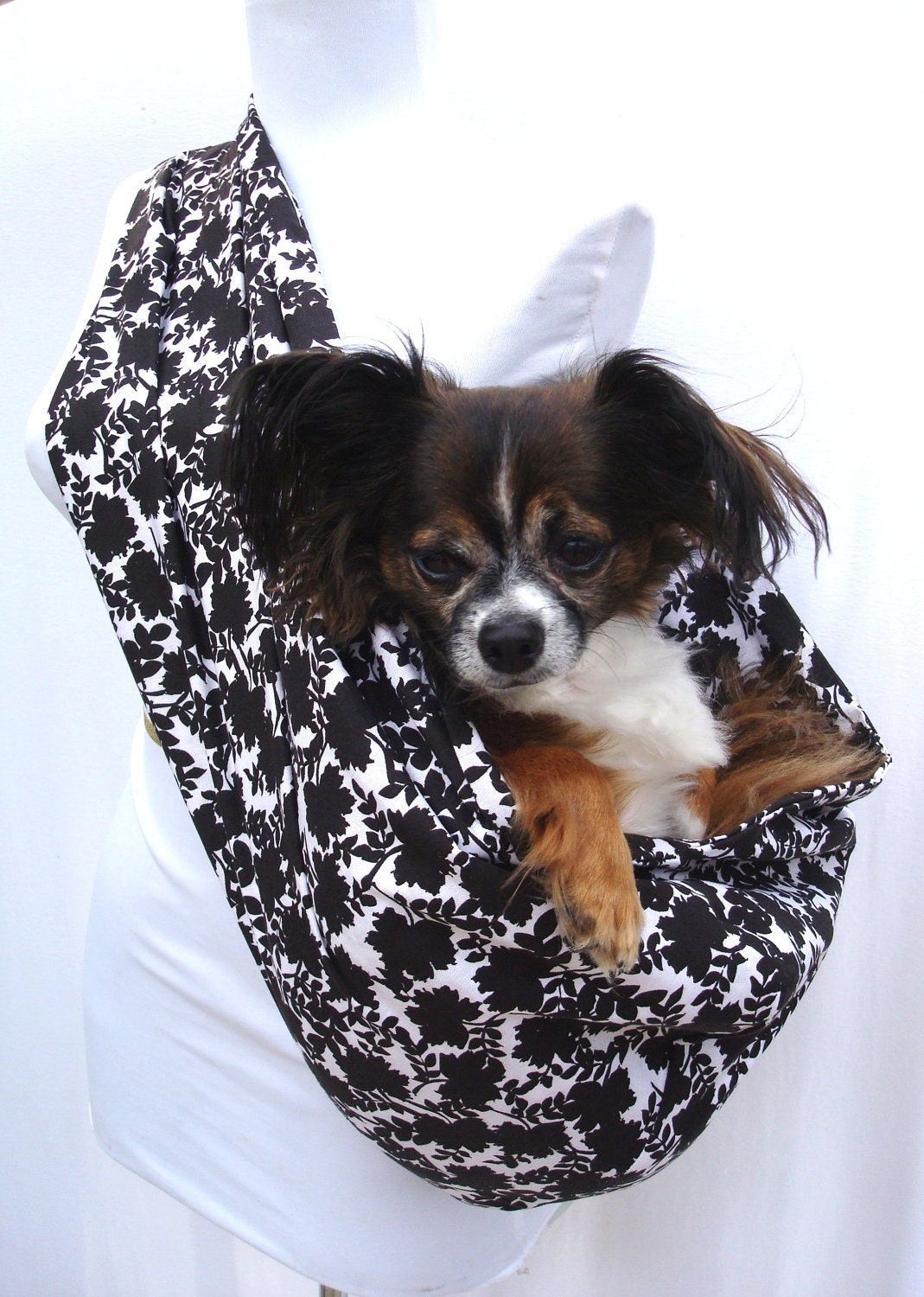 Pet Carrier Dog Sling-Black and White Floral Pattern Shoulder