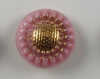 3 Vintage Czech Glass Buttons - Gold Metallic on Pink Glass