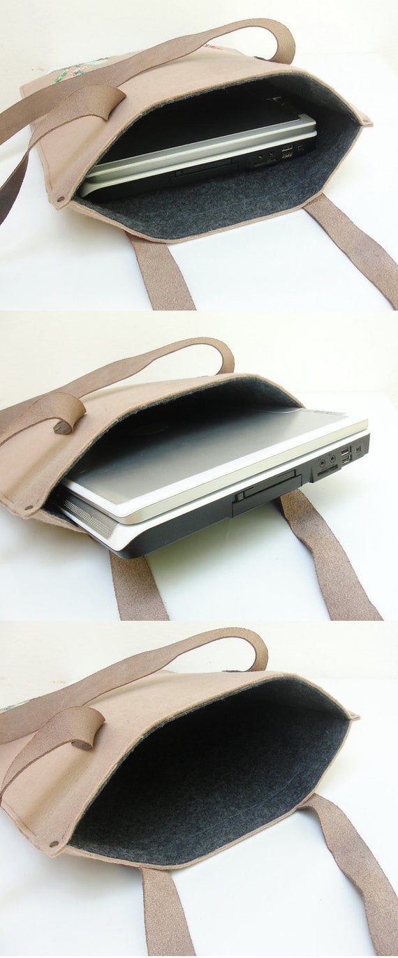 Felt Leather Laptop Bag Sleeve with Dandelion Embroidery