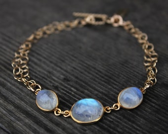 Gold Rainbow Moonstone Bracelet - Gemstone Bracelet - June Birthstone, Toggle Bracelet