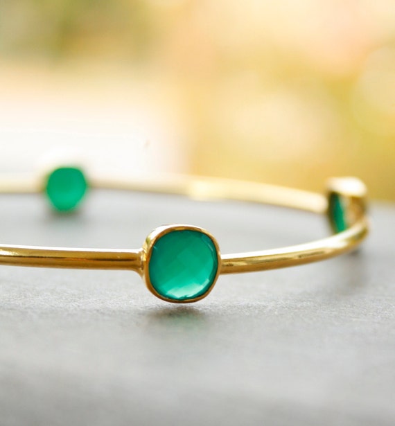 Gold Emerald Green Onyx Bangle Cushion Cut Stones by OhKuol