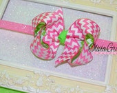 Chevron Boutique Hair Bow or Headband, Hot Pink and Lime Green Il_170x135