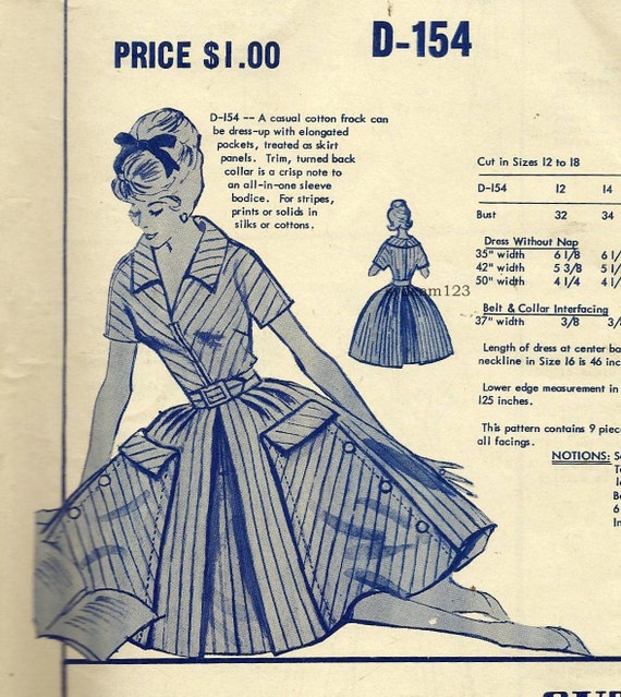 Vintage 1950s Zip Front Shirtwaist Dress Elongated Front Pockets...Modes Royale D-154 Bust 32 UNCUT