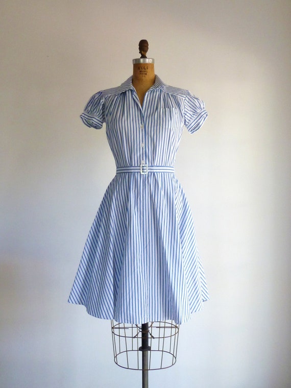 Vintage Shirtdress Blue White Pinstripe Full Skirt Dress Ralph