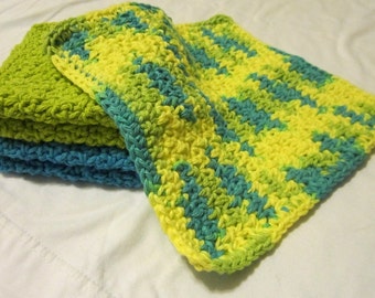 Cotton Crochet Washcloths in Bright Blue and Green - Set of 3