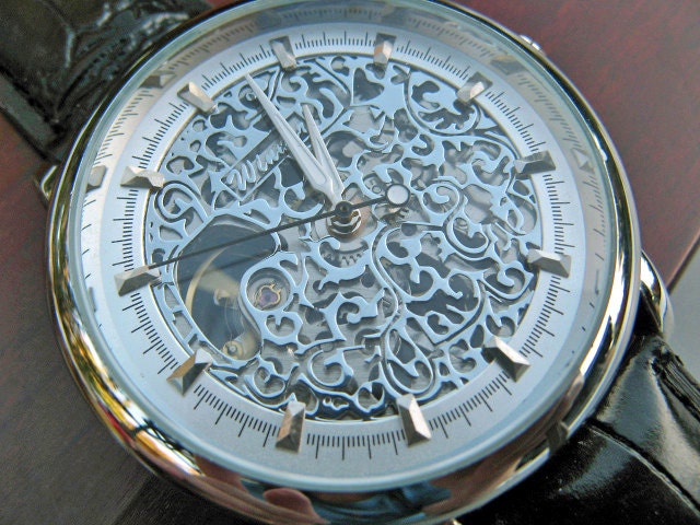 Classic Silvertone Mechanical Wrist Watch with Black Leather Wristband - Unisex - Steampunk - Men - Groomsmen - Watch - Item MWA1003