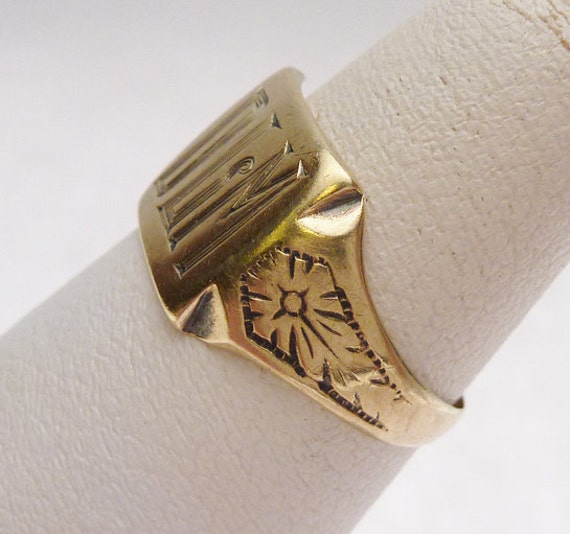 10k Monogram Initial Ring with Hand Carved Details