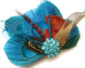 Turquoise and Rust Peacock Feather FALL BRIDE Bridal Hair Fascinator Clip Skeleton Leaf with Large Turquoise Rhinestone Jewel Turquoise and Rust Peacock Feather FALL BRIDE Bridal Hair Fascinator Clip Skeleton Leaf with Large Turquoise Rhinestone Jewel