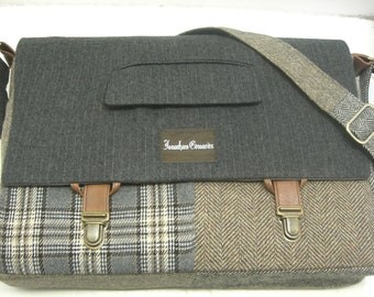 Messenger Bag , 15 inch Laptop Sleeve, tote bag, Trunk Latch, Large, grey plaid wool,cycled Suit Coat,