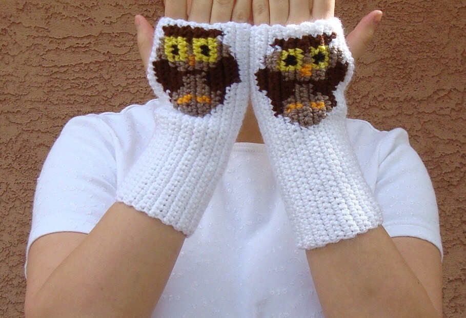 Owl Fingerless Gloves White Fingerless Gloves for Women or