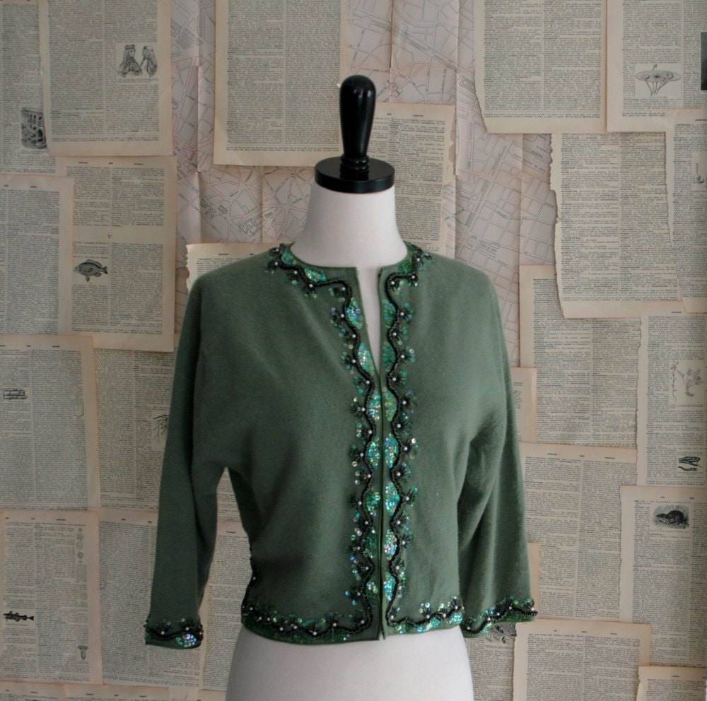 Vintage Beaded Sweater Cardigan 1960s Green by SassySisterVintage