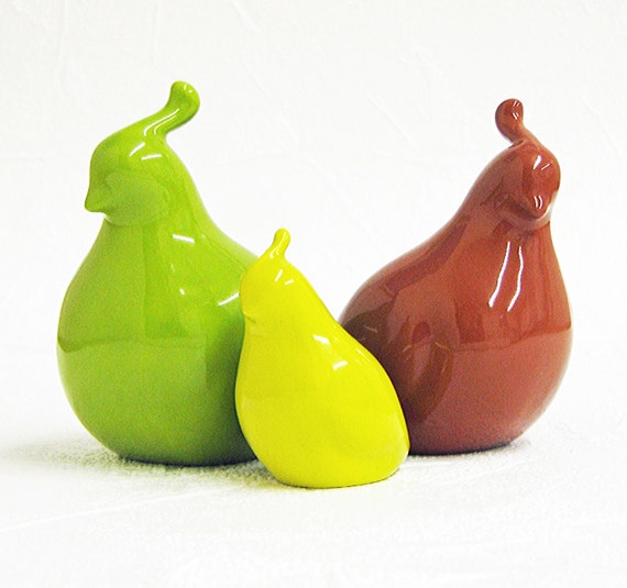 Ceramic Birds Quail Family Vintage Design Autumn Green Nutmeg Brown Chartreuse Sculptures