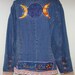SALE Price / VIntage Denim BLazer / Plus Size / Jean Jacket / Wiccan Art / Triple Moon Goddess / Wiccan Patch / Embroidery / Embroidered