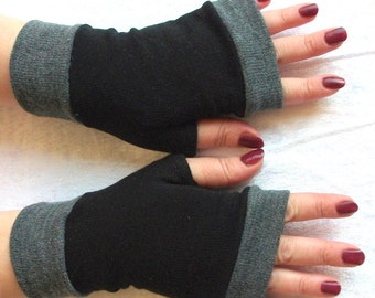 Fingerless gloves black with gray cuffs Completely Lined Simply and reliably