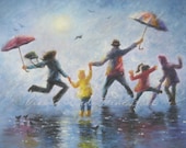 Singing in the Rain Art Print, happy family playing in rain paintings umbrellas mom dad three children three kids wall decor blue Singing in the Rain Art Print, happy family playing in rain paintings umbrellas mom dad three children three kids wall decor blue