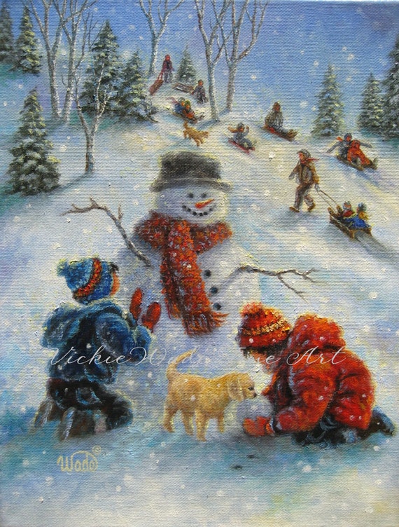 Children Playing in Snow Art Print snowman paintings boy