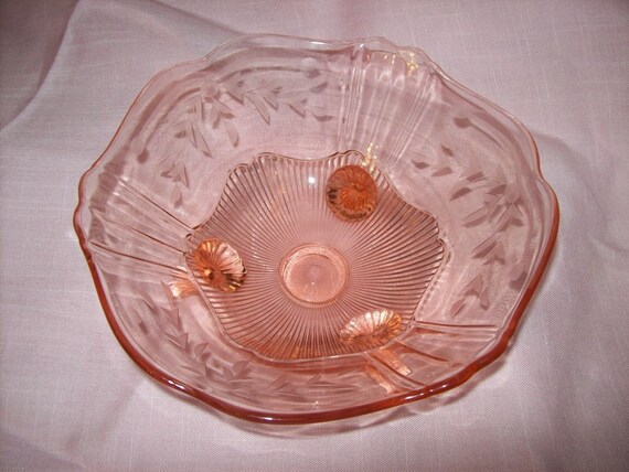 Elegant Pink Depression Footed Bowl Etched by TeresasTreasuresEtc