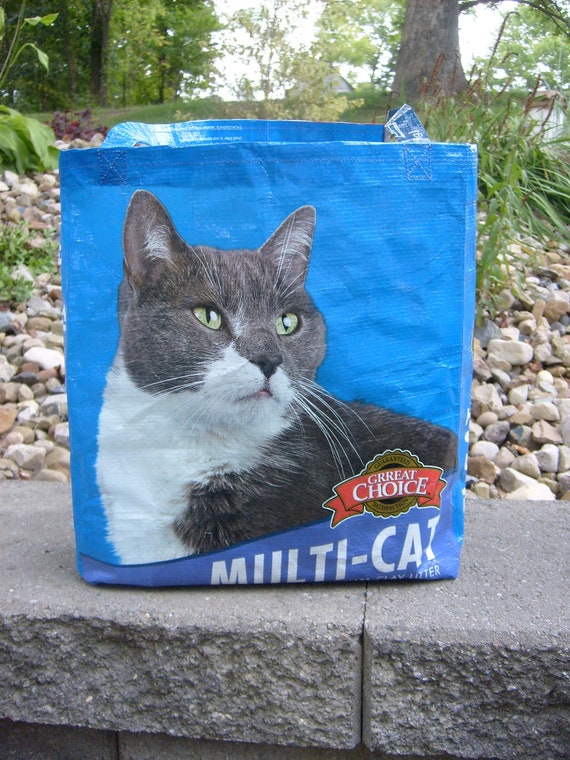 Recycled Feed Sack Blue Cat Food Shopping Bag Tote by frankcluck