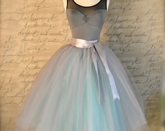 Dove gray and light blue tutu skirt for women. Ballet glamour. Retro look tulle skirt. Also shown in dove grey/pink.