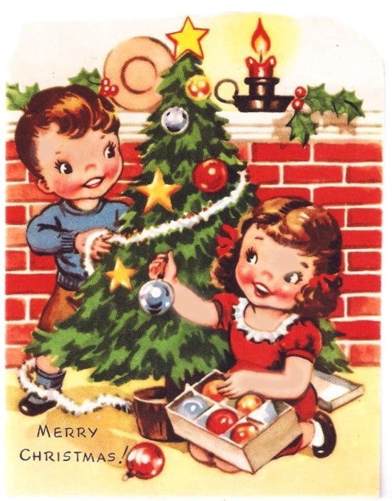 Children Decorating a Tree Vintage Christmas Card by PaperPrizes