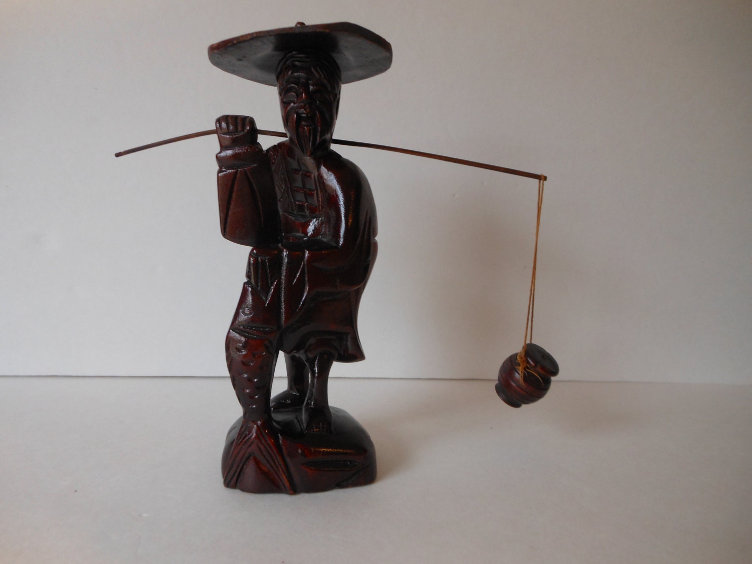 Vintage Asian Fisherman Statue Wooden. Hand Carved Etsy