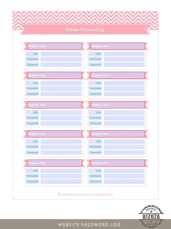 password log organizer tracker printable editable pdf by bizuza