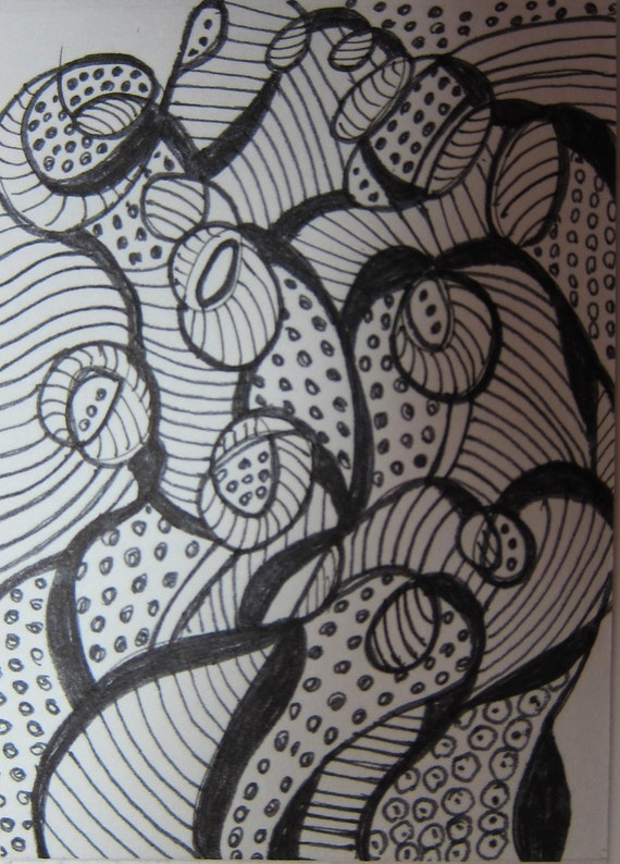 Swirls  Zentangle ACEO Black & white Original Pen Ink 278 -OAK WatercolorsNmore Drawing Illustration