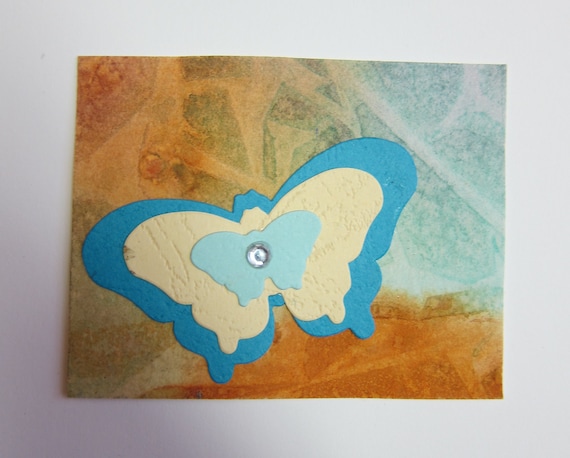 Turquoise Burtterfly, Orange ACEO Original watercolor butterfly dimenstional embellishment 325