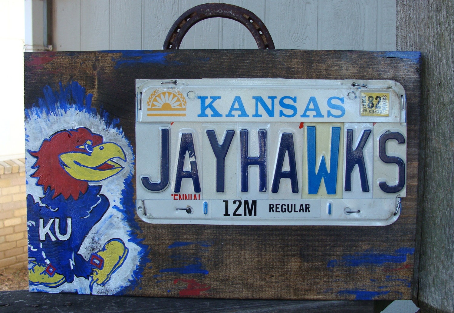 Kansas KU Jayhawks License Plate Hand Painted Pine Wood Sign