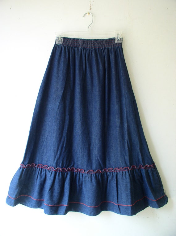 Vintage 1970s Womens Skirt Prairie Denim Ruffled Bottom 2449